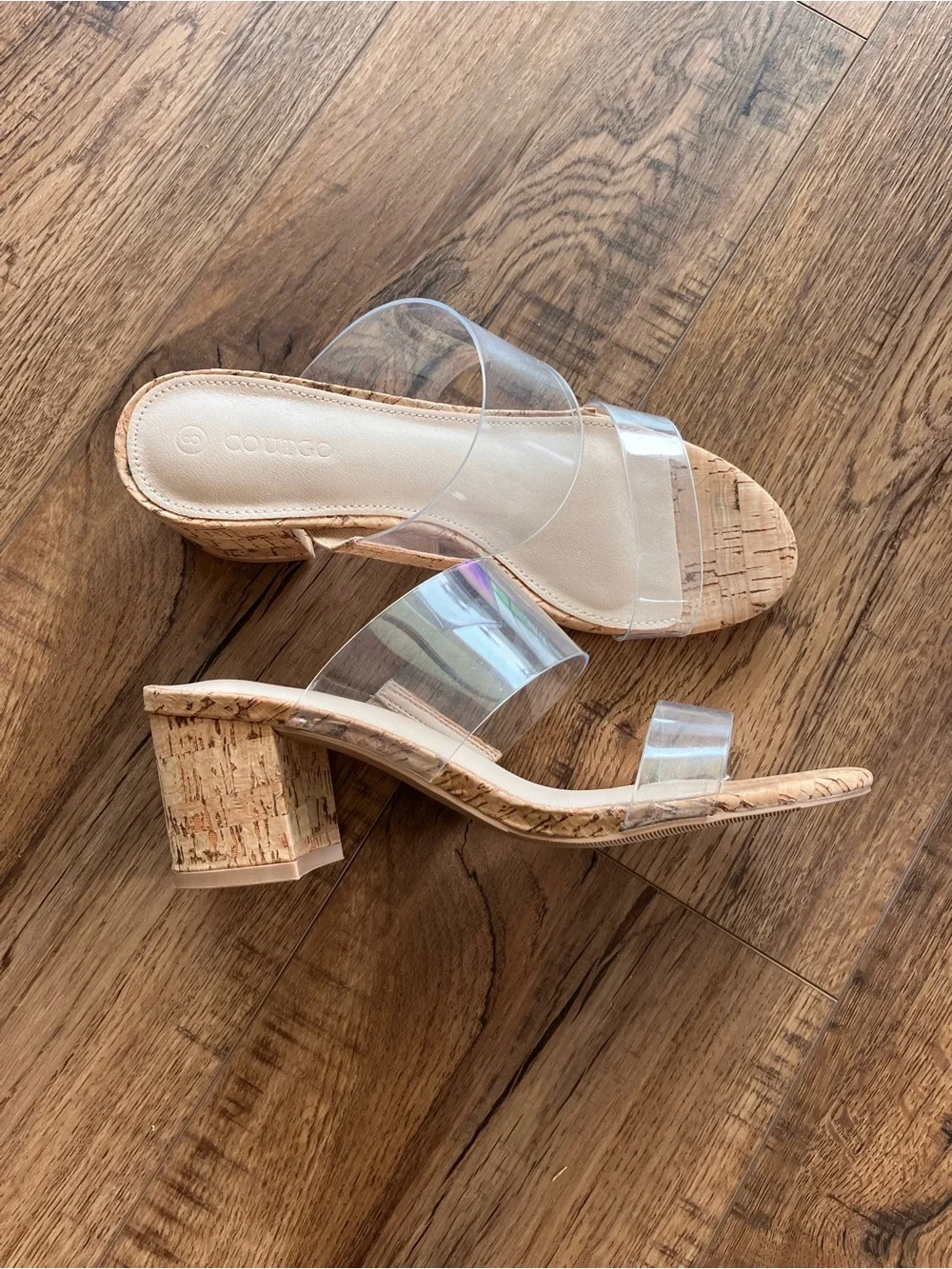 COUTGO Clear Strap Cork Heel Sandals